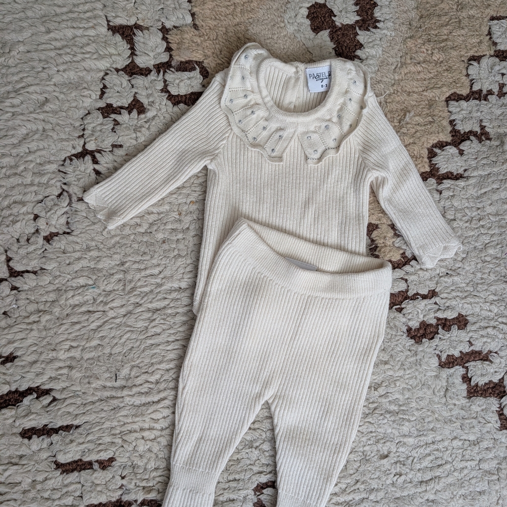 Pastels Kids Cream Ribbed Matching Set